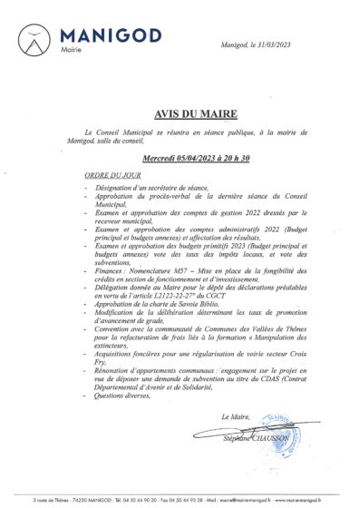 Prochaine séance publique du Conseil Municipal le mercredi 05/04.