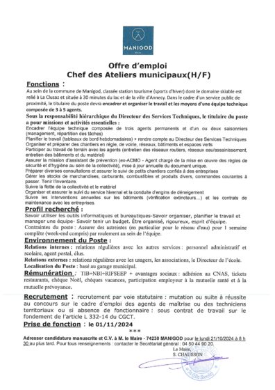 OFFRE D’EMPLOI – CHEF DES ATELIERS MUNICIPAUX