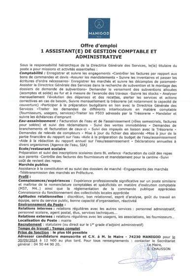 OFFRE D’EMPLOI – ASSISTANT(E) DE GESTION COMPTABLE ET ADMINISTRATIVE