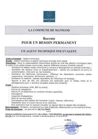 OFFRE D’EMPLOI – AGENT TECHNIQUE POLYVALENT POUR UN BESOIN PERMANENT