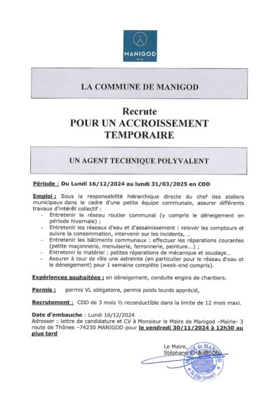 OFFRE D’EMPLOI – AGENT TECHNIQUE POLYVALENT POUR UN ACCROISSEMENT TEMPORAIRE