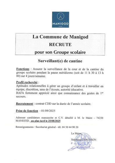 OFFRE D’EMPLOI – SURVEILLANT(E) DE CANTINE