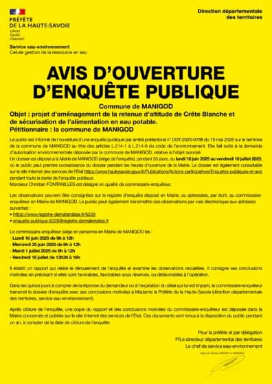 Retenue d’altitude de Crête Blanche : avis d’ouverture d’enquête publique