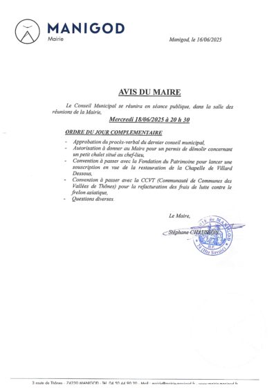 ORDRE DU JOUR COMPLEMENTAIRE – CONSEIL MUNICIPAL 18 JUIN