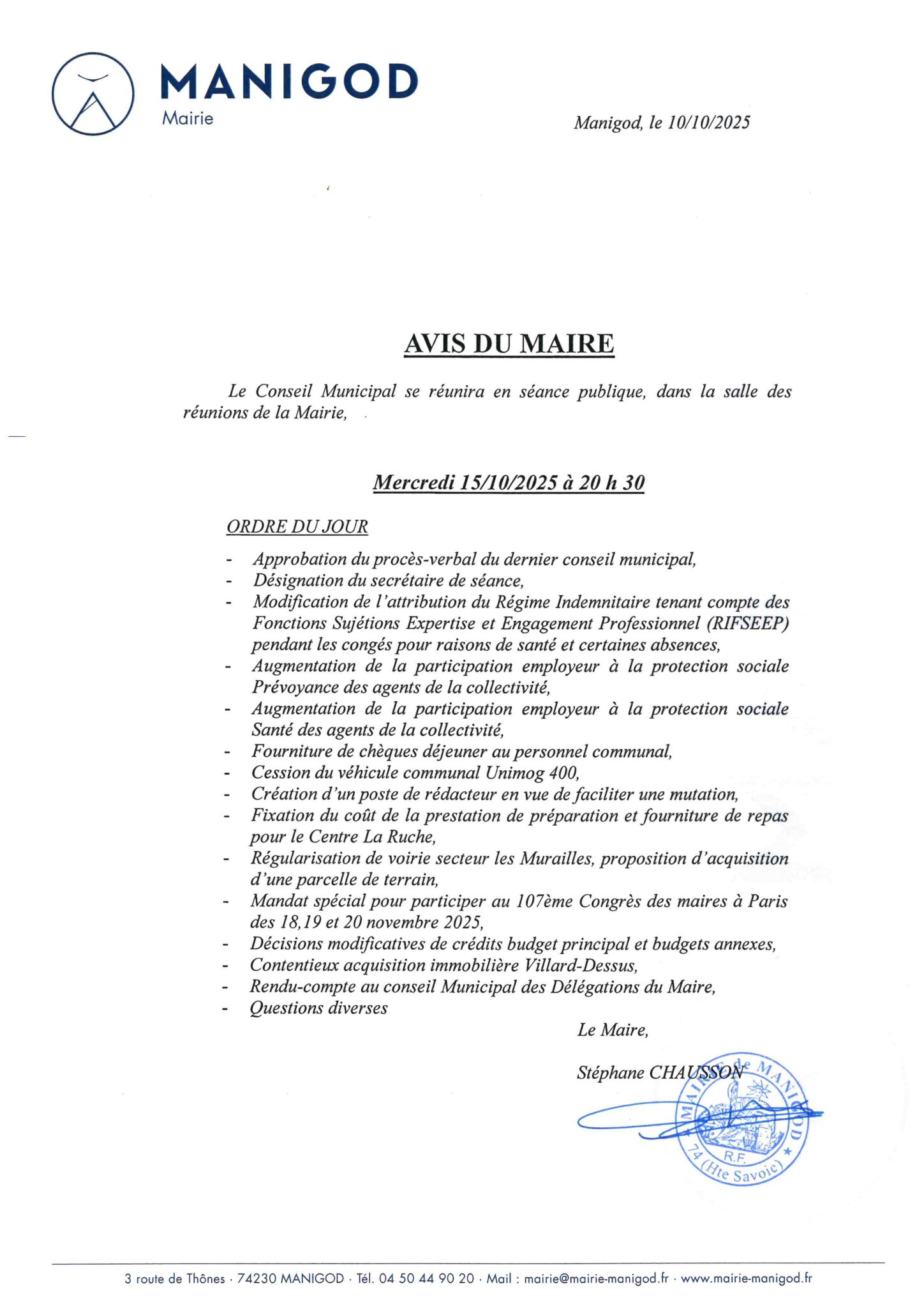 SEANCE DU CONSEIL MUNICIPAL – MERCREDI 15 OCTOBRE 2025