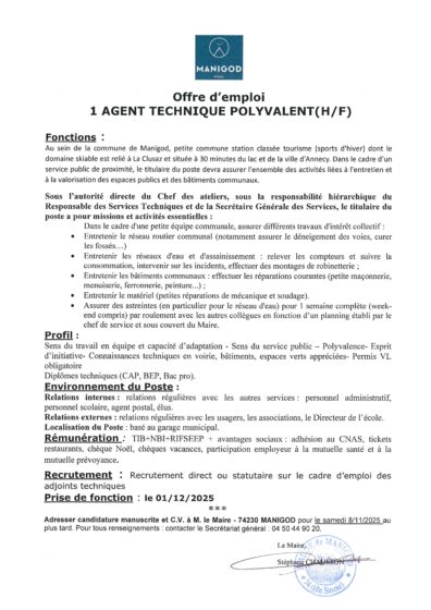 OFFRE EMPLOI AGENT TECHNIQUE