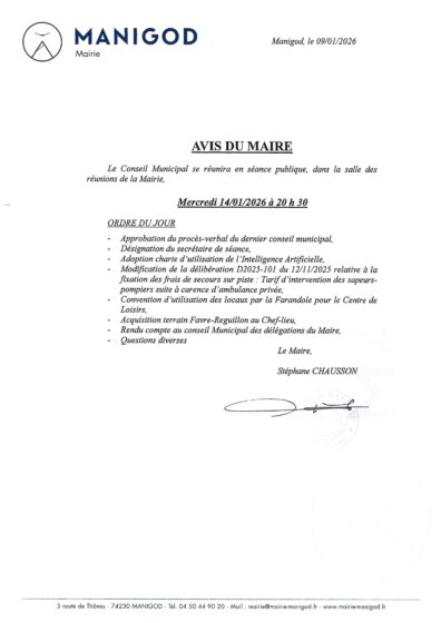 REUNION DU CONSEIL MUNICIPAL MERCREDI 14 JANVIER 2026