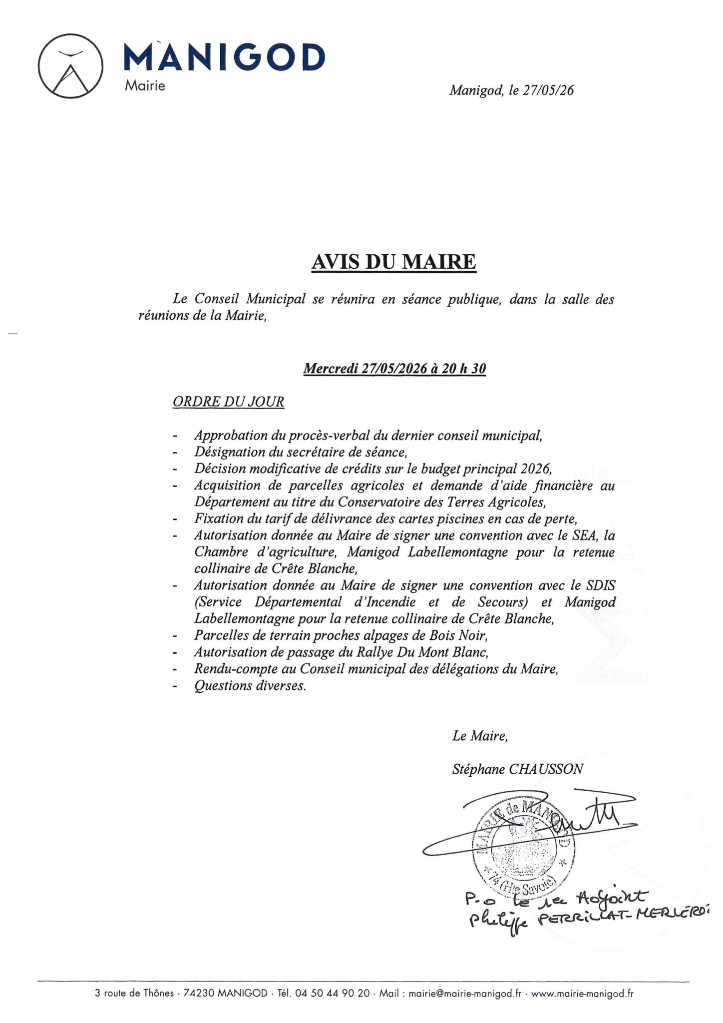 SEANCE DU CONSEIL MUNICIPAL MERCREDI 27 MAI 2026