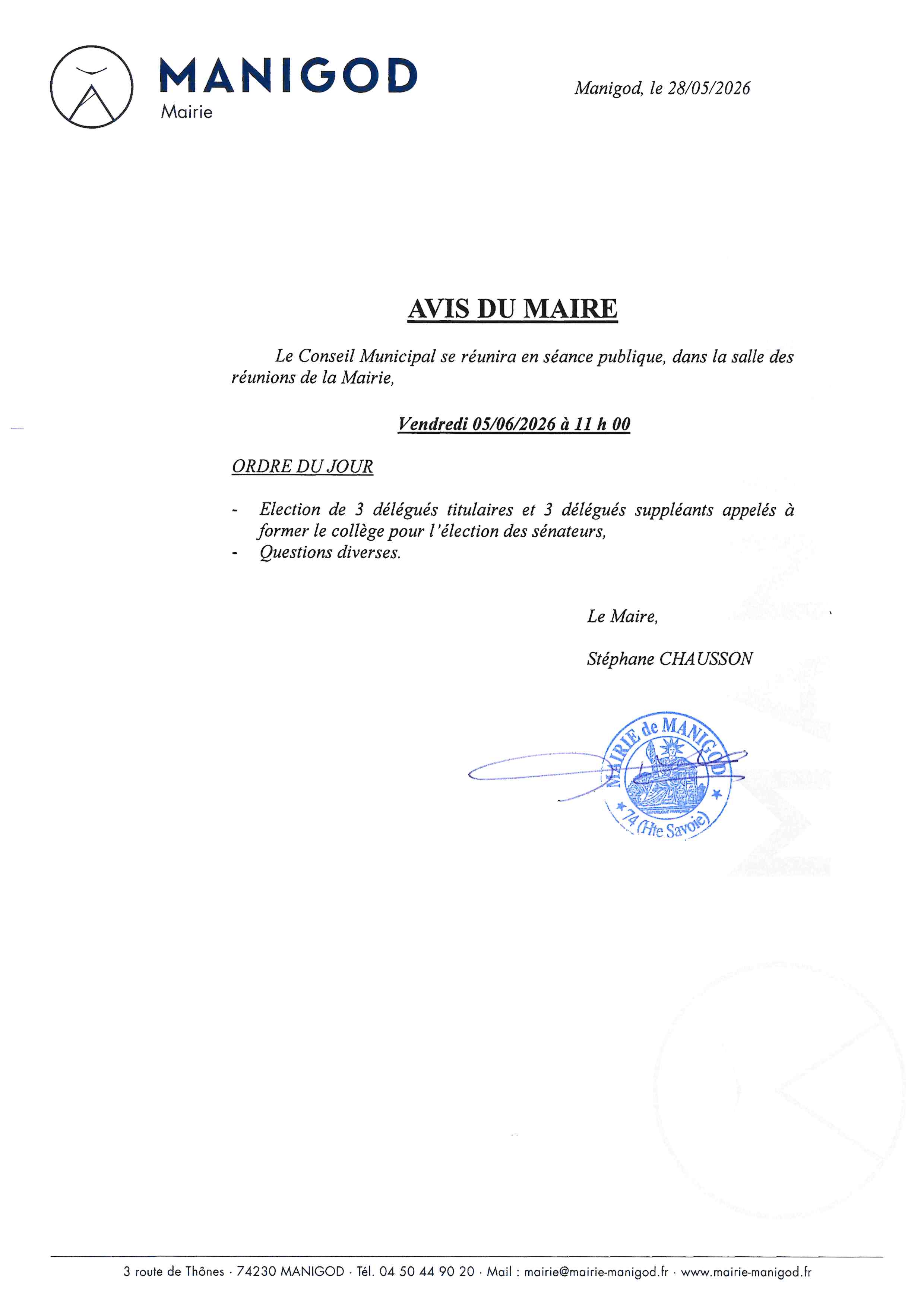 SEANCE DU CONSEIL MUNICIPAL VENDREDI 5 JUIN 2026