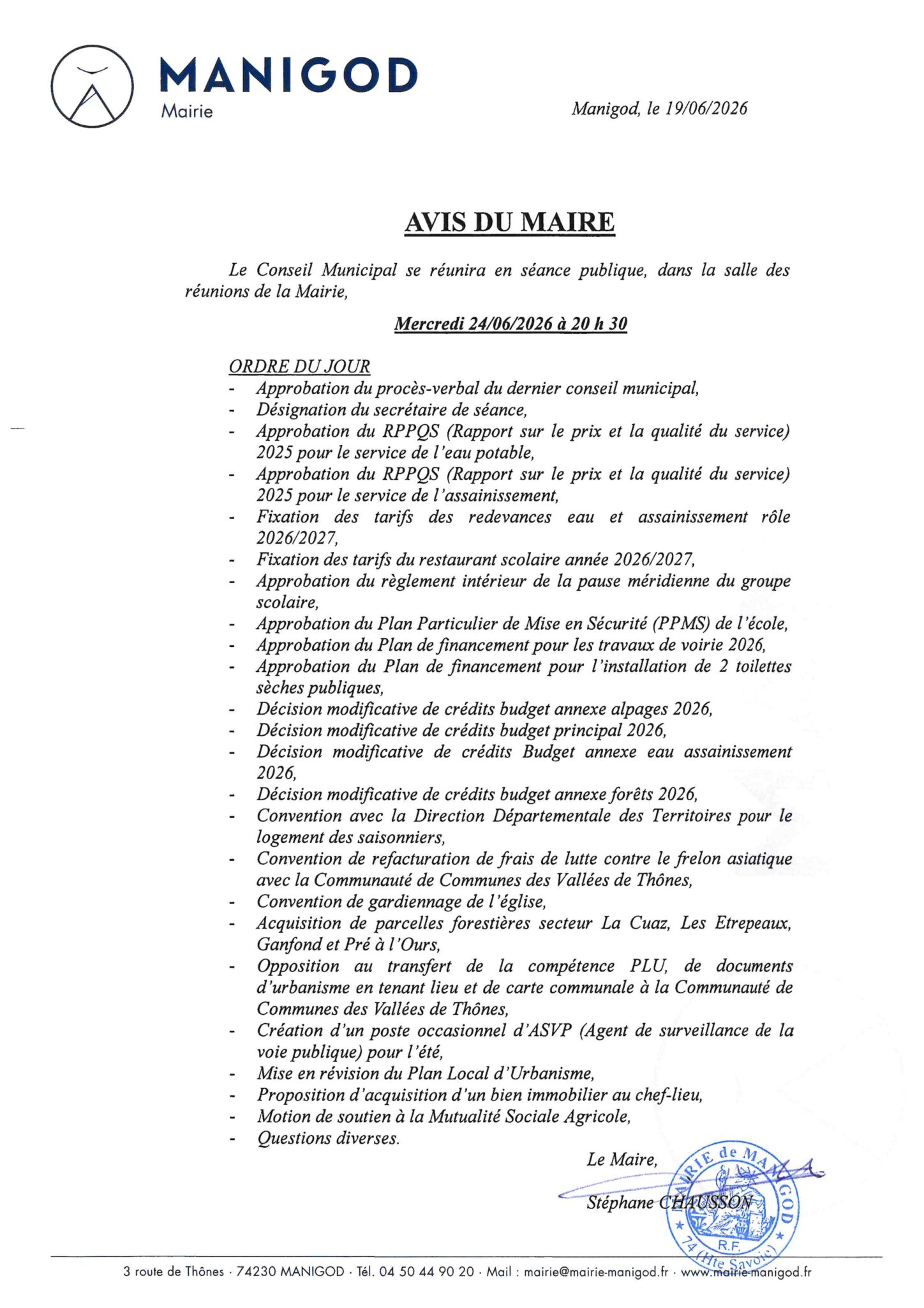 SEANCE DU CONSEIL MUNICIPAL MERCREDI 24 JUIN 2026