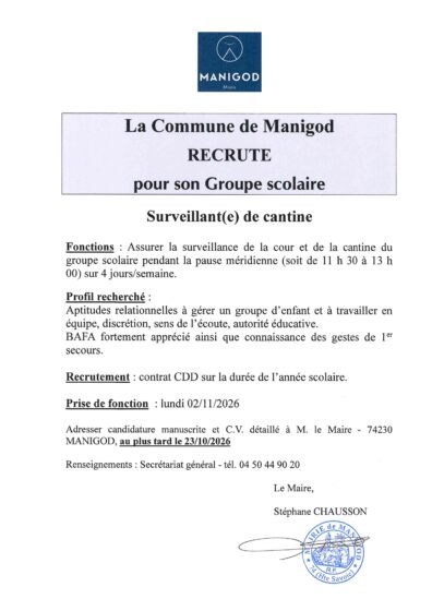 OFFRE D’EMPLOI – SURVEILLANT(E) DE CANTINE