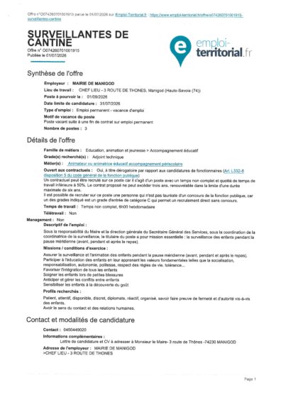 OFFRE EMPLOI SURVEILLANT(E)S DE CANTINE