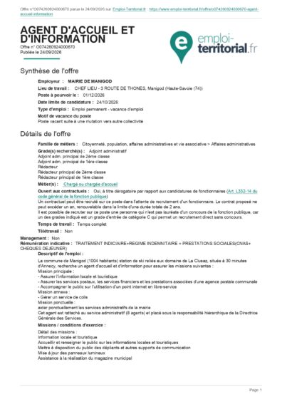 OFFRE D’EMPLOI – AGENT D’ACCUEIL ET D’INFORMATION