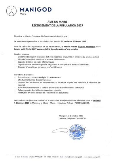 RECENSEMENT 2027 – RECRUTEMENT D’AGENTS RECENSEURS