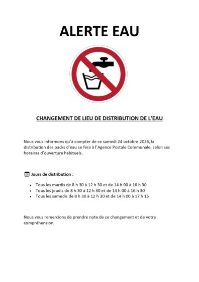 ALERTE EAU – CHANGEMENT DE LIEU DE DISTRIBUTION DE L’EAU